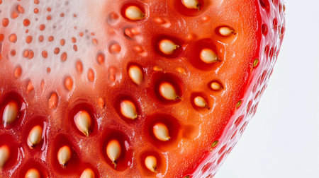 Half of strawberry with seeds isolated on white background. Close-up.の写真素材