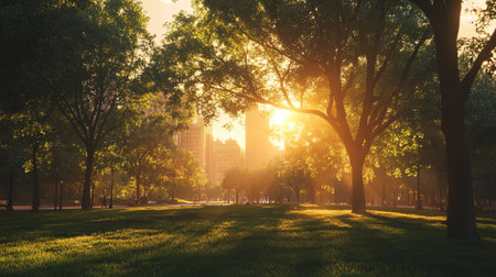 Sunset in the city park with green grass and trees. Summer landscape.の写真素材