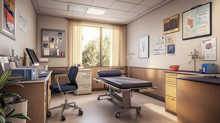 3D rendering of a medical office interior in a modern hospital.の素材