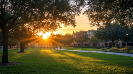 Sunset in the campus of the University of Texas at Austin, Texasの写真素材