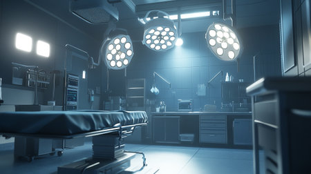 3D rendering of a modern operating room with surgery equipment and lightingの写真素材