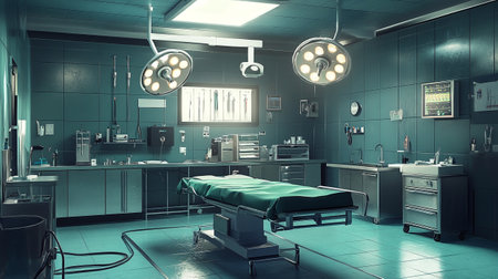 3D rendering of a surgery room with a green bed and equipmentの写真素材