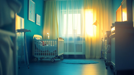 Baby room interior with crib and toys. 3d rendering toned imageの素材