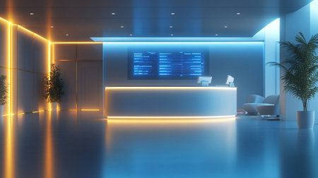 3d rendering reception desk in office or hotel with blue light backgroundの写真素材