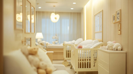 Baby room interior with crib and toys. 3d rendering.の写真素材