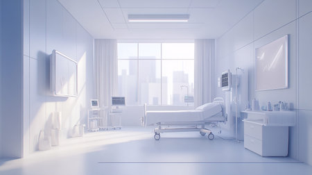 3d rendering of a hospital room with a bed in the foregroundの写真素材