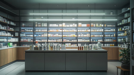 Pharmacy interior with shelves with medicine bottles. 3d renderingの写真素材
