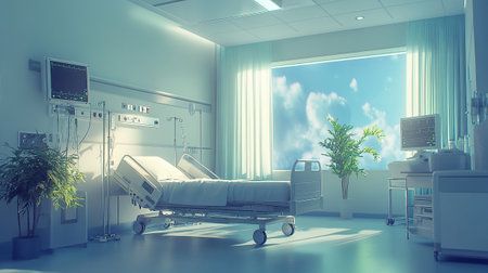 Hospital room with bed and equipment. 3D rendering. Toned image.の写真素材