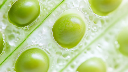 Green peas in the pod with water drops close-up macro photographyの写真素材