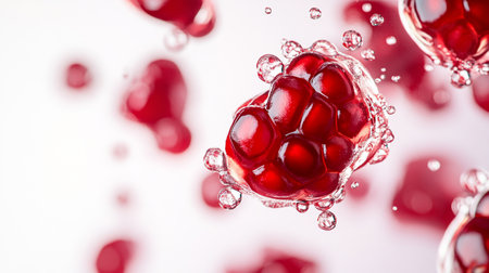 Pomegranate fruit falling into water with bubbles on white backgroundの写真素材