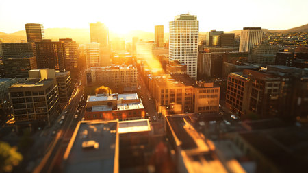 Aerial view of downtown at sunset, California, USA.の写真素材