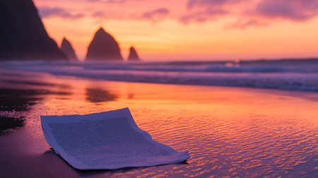 Paper napkin on the beach at sunset time. Vacation conceptの写真素材