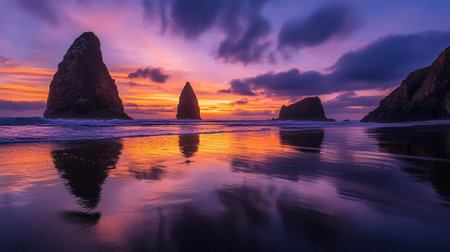 Sunset at Reynisfjara Beach in Iceland, Europe.の写真素材