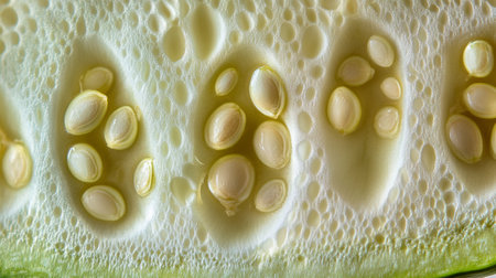 Close up of zucchini slices and seeds on a white backgroundの写真素材