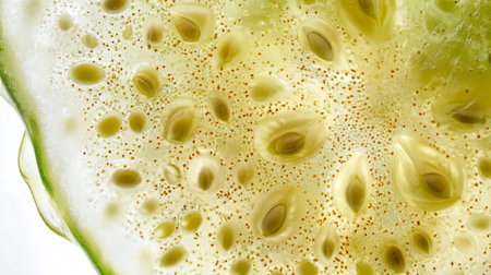 sliced cucumber on white background close up macro photo.の写真素材