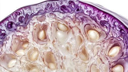 Purple eggplant slice isolated on white background. Close up.の写真素材