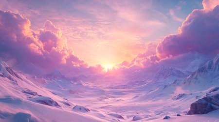 Snowy mountains at sunset. Beautiful winter landscape. 3d renderingの写真素材