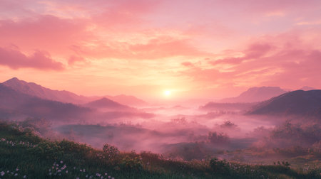 Foggy sunrise in the mountains. Colorful summer landscape.の写真素材
