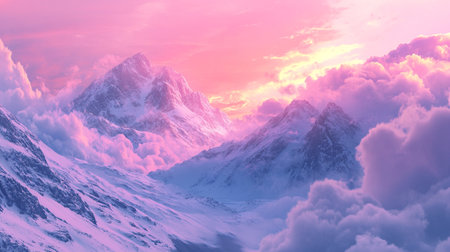 Beautiful alpine landscape with snow covered mountains and clouds at sunsetの写真素材