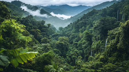 Tropical rainforest with a waterfall and fog in the backgroundの写真素材