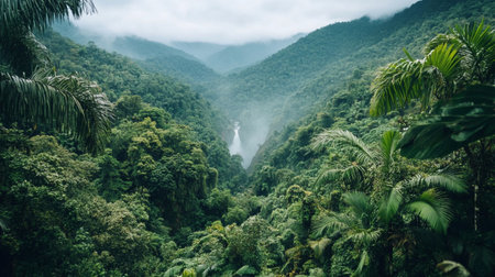 Beautiful landscape of tropical rainforest with waterfall in the background.の写真素材