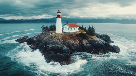 Lighthouse on a rock in the middle of the ocean. Panoramic view.の写真素材