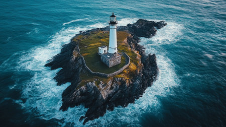 Aerial view of a lighthouse on a rocky island in the oceanの写真素材
