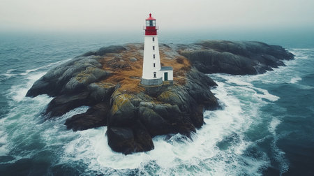 Aerial view of a lighthouse on a rocky island in the ocean.の写真素材