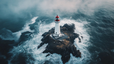 Aerial view of a lighthouse on a rock in a foggy dayの写真素材