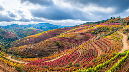 Landscape of colorful vineyards in Chianti, Tuscany, Italyの写真素材