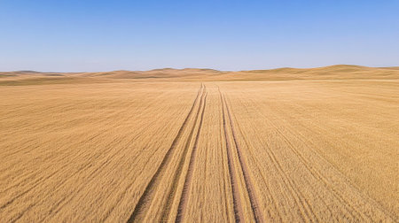 Aerial view on the tractor tracks in the golden wheat field.の写真素材