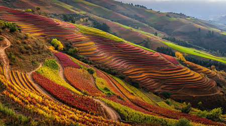 Colorful autumn vineyards in Langhe, Piedmont, Italyの写真素材