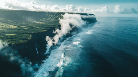Aerial view of Atlantic ocean waves crashing on the cliffs in Icelandの写真素材