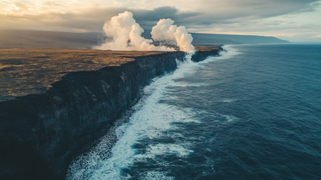 Aerial view of a volcanic eruption on the Atlantic Ocean in Icelandの写真素材