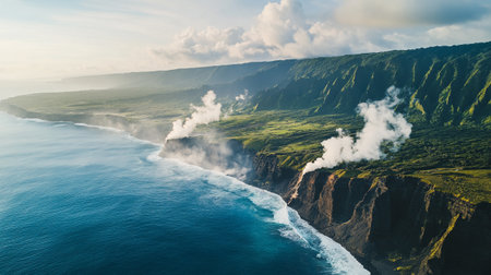 Aerial panoramic view of Hawaii Volcanoes National Parkの写真素材