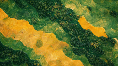 Aerial view of green and yellow agricultural fields. Top view.の写真素材