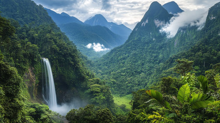 Mountain landscape with waterfalls and cloudsの写真素材