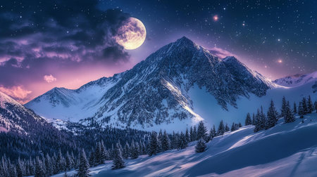 Winter mountain landscape at night with full moon and stars in the skyの写真素材