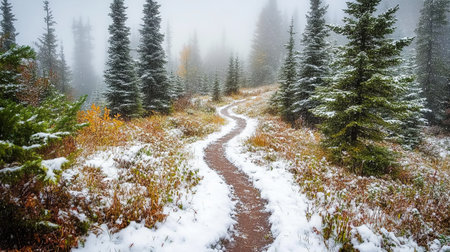 Snowy path in the coniferous forest, Carpathians, Ukraineの写真素材