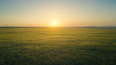 Aerial view of wind turbines on a green field at sunset.の写真素材
