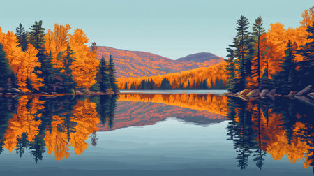 Autumn forest reflected on the lake. Illustration in vector formatの写真素材