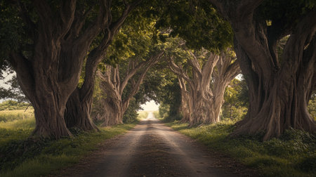 Old tree tunnel in the morning light at the end of the roadの写真素材