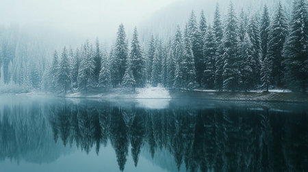 Foggy winter landscape with lake and coniferous forest.の写真素材