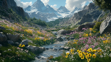 Mountain landscape with a stream and flowers. Panoramic viewの写真素材
