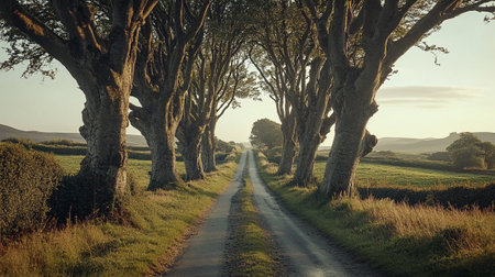 Country road in the countryside with old oak trees in the foreground.の写真素材