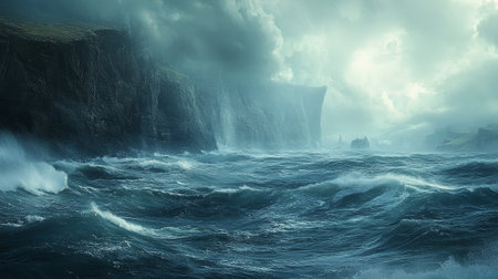 Stormy sea with waves crashing on the cliffs. Epic seascape.の写真素材