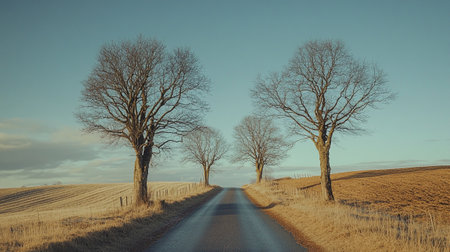 Country road through the fields in winter with bare trees in the foregroundの写真素材