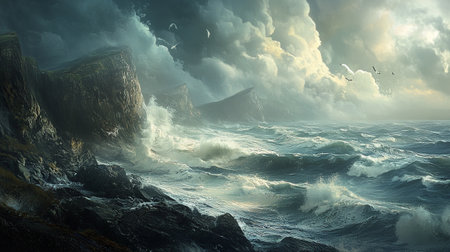 Fantasy seascape with stormy sea. 3D renderingの素材