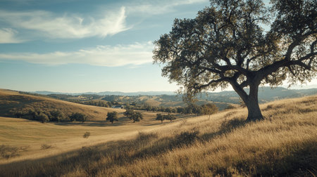 Beautiful rural landscape with oak trees in the field. Vintage style.の写真素材