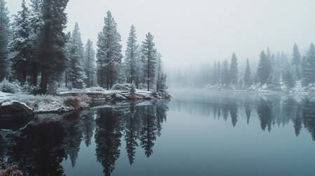 Foggy morning on the lake in the forest. Beautiful winter landscapeの写真素材